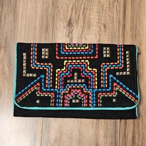 3AM Forever Women's Envelope Black Beaded Clutch with Multicolor Embroiderey